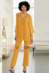 Golden 2 Piece Hand Beading Chiffon Pant Suit for Mother of the Birde & Groom TS016