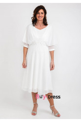 Ivory Half Sleeves Mother Of The Bride Dresses, Mid-Calf Hand Beading Women's  Dresses MD0032-2