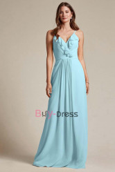Jade Blue Chiffon Bridesmaids Dresses, Spaghetti Prom Dresses for Beach Wedding, Robes de demoiselle d'honneur BD-026-6