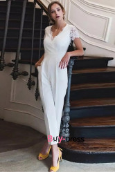 Lace Crepe Bridal Jumpsuits, V-neck Bridal Jumpsuits, Custom Made Wedding Gown, Civil Wedding Dresses bjp-0051