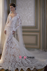 Long Sleeves V-neck Bridal Dress Beautiful Lace Embroidered Mermaid Wedding Eress with Chapel Train bds-0001