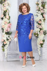 Modern Royal Blue Lace Half Sleeves Mid-Calf Plus Size Mother Of the Bride Dresses MD0019-4