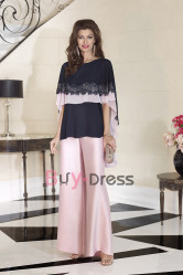 Navy and Pink Wide Leg Trouser Suit with Chiffon Cape Mother of the Bride PantSuits Dresses Occasion Wear TS057