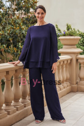 Navy Soft Comfortable Chiffon Mother of the Bride Pant Suits with Elastic Waist TS080