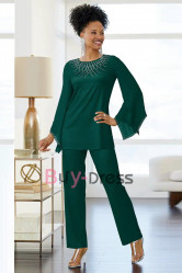 New arrival 2 Piece Green Mother of the Bride Chiffon Pant suit with Crystal TS008