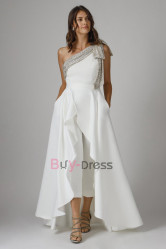 New Arrival Chic One Shoulder Wedding Jumpsuit with Detachable Overskirt WBJ071