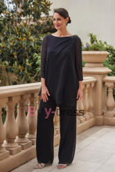 New Arrival Soft Comfortable Mother of the Bride Pant Suits,Two Piece Chiffon Trouser Outfit Black TS079