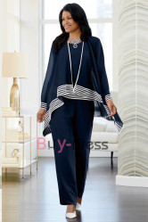 New Style 3 Piece Navy Mother of the Bride Chiffon Pant Suit with Jacket TS015
