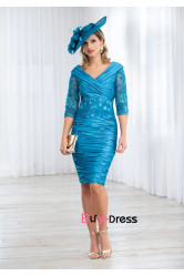Ocean Blue Draped-Pleated-Bodice Mother Of The Bride Dresses, Off the Shoulder Half Sleeves Women's Dresses MD0048-1