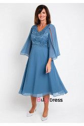 Ocean Blue Flowy Sleeve Mother Of The Bride Dresses, Hand Beading Mid-Calf Hand Beading Lace Women's Dresses MD0035-3