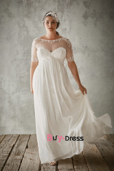 Plus Size Chiffon Beach Wedding Dresses, Bateau Empire Short Sleeves Bride Dresses bds-0057