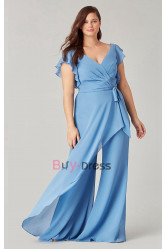 Plus size Cornflower Light Blue Chiffon V-neck Chiffon Bridesmaids Dresses & Jumpsuits, Monos de damas de honor BD-001-1