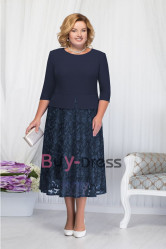 Plus Size Dark Navy A-Line Tea-Length Mother of the Bride Lace Dress Custom 28W MD2257