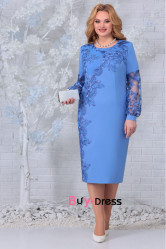 Plus Size Sky Blue Lace Long Sleeves Mid-Calf Mother Of the Bride Dresses MD0018-3