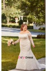 Plus Size Sleeve length Wedding Dresses, Bateau Lace Bride Dresses with Brush Train bds-0024-2