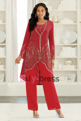 Red Delicate Hand Beading Chiffon Mother of the Bride Pant Suit Dressy TS005-2