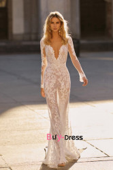 Sexy deep v-neck lace wedding dresses, Glamorous long sleeves bride dresses bds-0010
