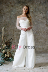 Simple Bateau Wedding Jumpsuits Dresses Modern Bridal Pantsuits WBJ135