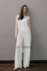 Simple Lace Overlay Bridal Jumpsuits 2 Piece Wedding Pantsuit WBJ075