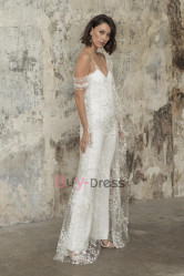 Spaghetti Bridal Lace Jumpsuits Backless Bohemia Wedding Pantsuit Dresses WBJ060