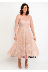 Blush Pink Lace Sequin Fabrics Mother Of The Bride Dress, Long Sleeves Women's Dresses MD0042