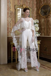  2022 Best Stunning Wedding Jumpsuits With Lace Long Cape WBJ126