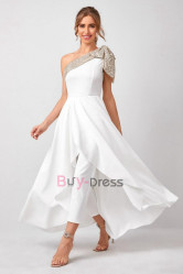 Stylish One Shoulder Overskirt Bridal Jumpsuit Wedding Pantsuit Dresses WBJ082