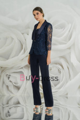 Three Piece Dark Navy Stylish Trouser Suit Mother of the Bride Pantsuit Wedding Wedding Party Dress TS068