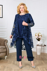 Three Piece Sets Dark Navy Plus Size Mother Of The Bride Pant Suit With Lace Jacket MD0030-3