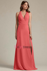 Watermelon Halter V-neck Pleated Bridesmaids Dresses, Vestidos de damas de honor BD-022-3