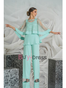 2022 Mother of the Bride Pant Suits with Lace Cape Elegant Chiffon wide Leg Trousers Outfits TS047