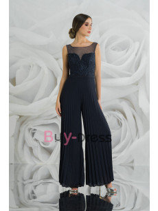 2022 New Arrival Dark Navy Accordion pleats Wide Trousers Mother of the Bride Jumpsuit Dress TS051