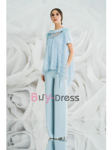 2022 New Arrival Elegant Mother of the Bride Pants Suits  with Lace Overlay Charming Formal Occasion Dresses Sky Blue TS045