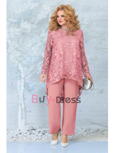 2022 New Arrival High Low Mother of the Bride Pant Suits Dresses Two Pieces Lace Trousers Set Pink Plus Size Women's Festival Outfit TS041