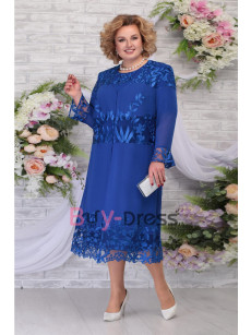 2022 New Arrival Royal Blue Elegant Mother of the Bride Dress With Lace Jacket 2PC Tea-Length Outfit MD2255-02