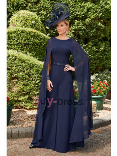 2022 New Arrival Stylish Long Chiffon Cape Mother of the Bride Jumpsuits with Beaded Belt Evening Dresses Dark Navy TS076