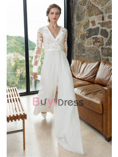 2022 New Arrival Unique Wedding Jumpsuits with Lace Sleeves Bridal Wide Pantsuits Sposa Pantalone WBJ137
