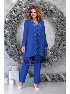 2022 Plus Size Mother of the Bride Pant Suits that Hide belly Three Piece Elastic Waist Festival Trousers Set with Jacket Royal Blue TS042-2