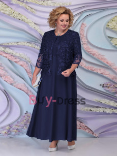 2022 Spring Elegant Dark Navy Outfit Mother of the Bride Dress With Lace Jacket Plus Size Custom MD2251-05