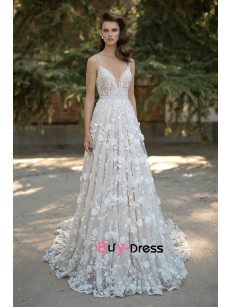 Spagetti A-line Bohemia wedding dress,  Empire floral appliques bride dresses bds-0008