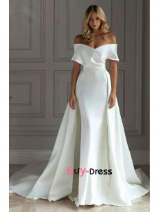 2023 Elegant Off The Shoulder Satin Crepe Wedding Dresses With Detachable Train, Simple Classic Bridal Gowns bjp-0030