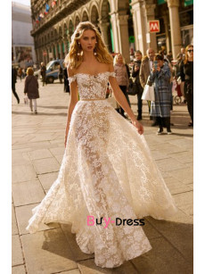 Off the Shoulder Lace Wedding Dresses, Gorgeous Bohemia Bride Dresses with chapel train bds-0012