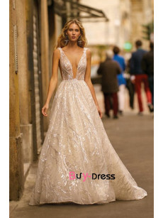 2023 Deep v-neck sexy wedding dresses, A-line charming lace bride dresses bds-0013