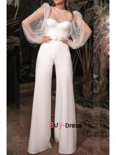2023 Wide Leg Bridal jumpsuit, Sheer Full Sleeve Women Wedding Reception Jumpsuit rompers, Wedding Pantsuit bjp-0011