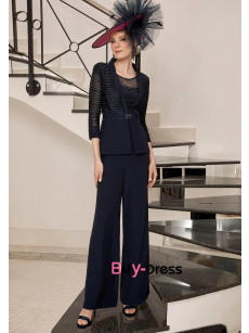 2pc Elegant Dark Navy Mother Of The Bride Outfits, Draped-Pleated-Bodice Women Pant Suits MD0044