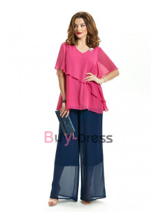 2PC Mother of the Bride Chiffon Pant Suits Festival Outfit Fuchsia  TS029-2
