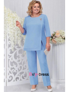 2Pc Plus Size Sky Blue Modern Women's Pant Suits, Modern Mother Of The Bride Outfits MD0069