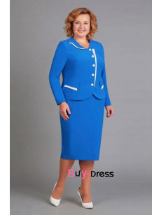 2Pc Royal Blue Plus Size Women's Suits Dress, Elegant  Long Sleeves Women's Dresses MD0060