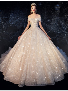 A-line Bateau Lace Wedding Dresses, Off the Shoulder Star Twinkle Bridal Gowns GW-029