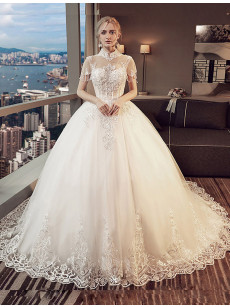 A-line High Collar Wedding Dresses, Brush Train Bridal Gowns GW-026